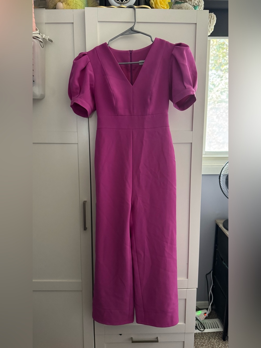 IORANE Magenta Pink Puff Short Sleeve V-Neck Wide Leg Jumpsuit